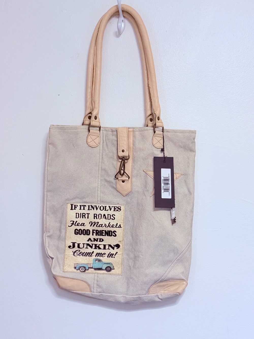 Vintage Addiction Canvas Tote Bag with Patch Accent in Beige new with tags!